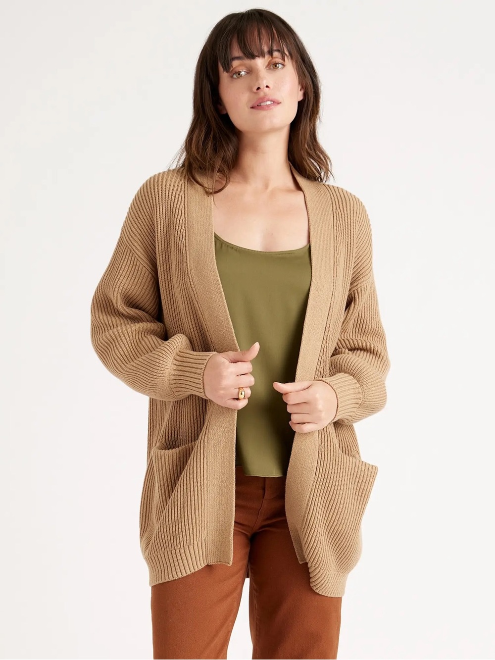 Quince Oversized Open-Front Cardigan Sweater in Camel